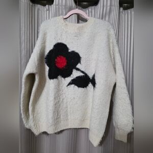 POL Cream Sweater with Black and Red Floral Design